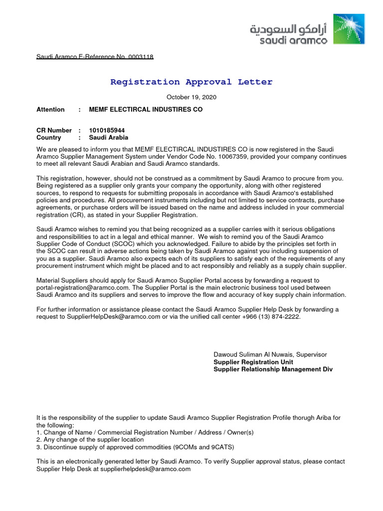 Saudi Aramco Registration Approval Letter | PDF | Saudi Arabia | Supply ...