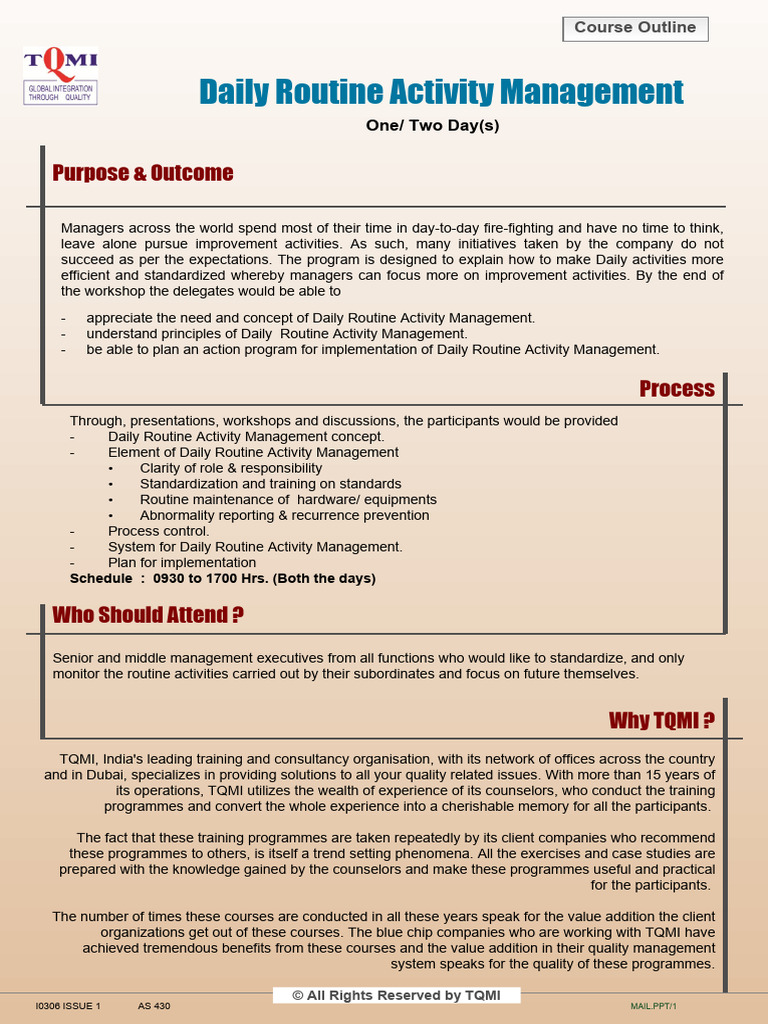 Daily Routine Activity Management Workshop | PDF | Business