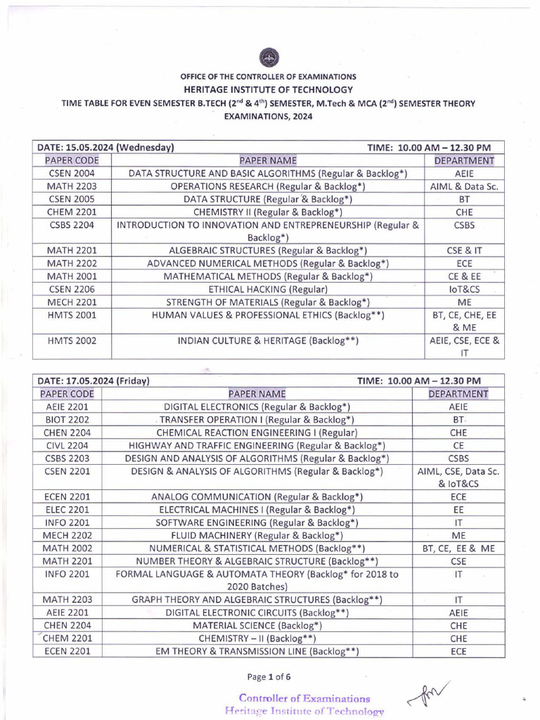 2024 Even Semester Exam Timetable | PDF | Electronic Engineering ...