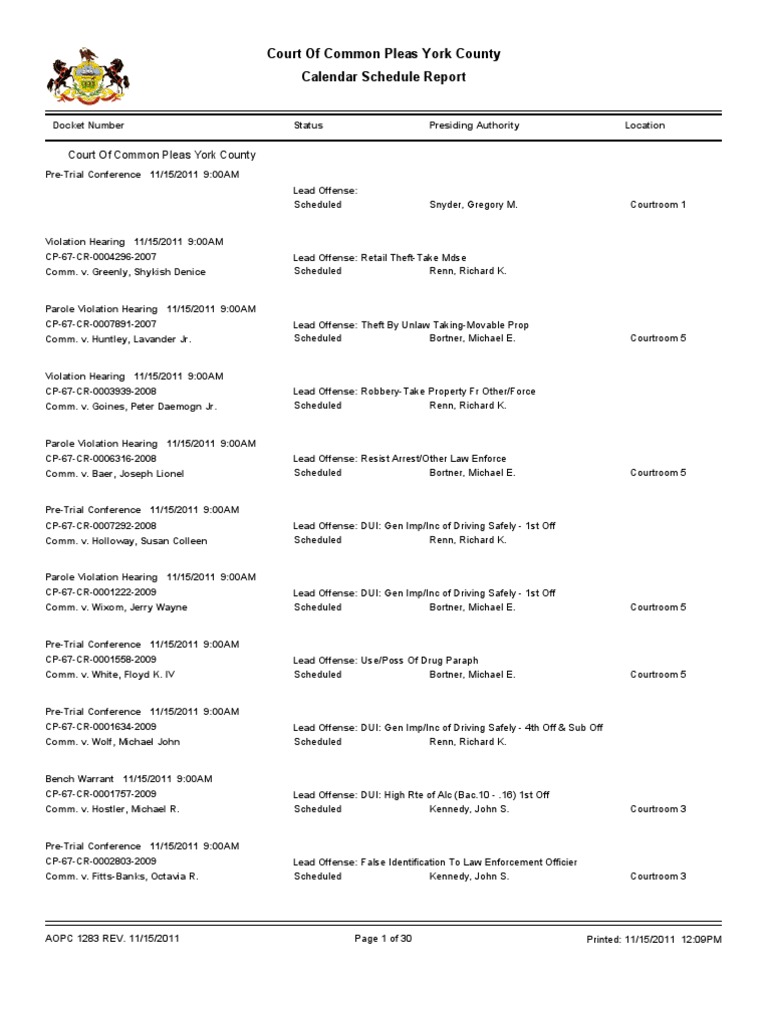 York County Court Docket Nov. 15 | PDF | Driving Under The Influence |  Misconduct