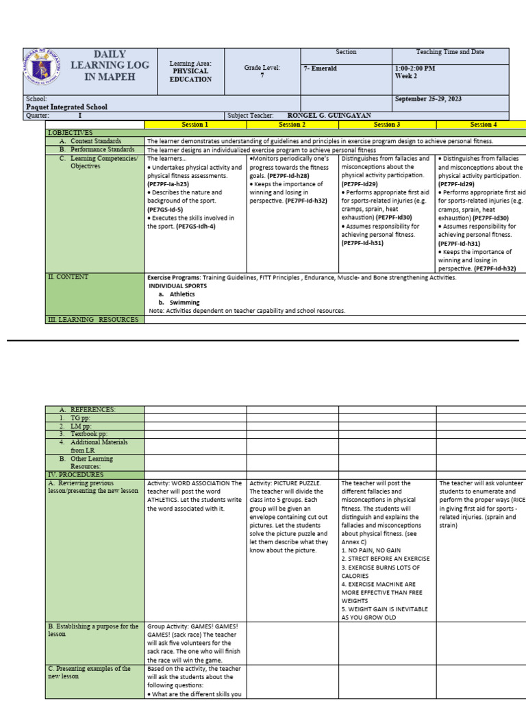 Pe 7 q1 Week 2 | PDF | Learning | Physical Fitness