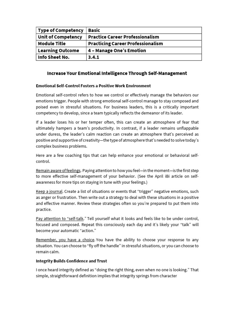 Enhance Emotional Intelligence Skills | PDF | Leadership | Integrity
