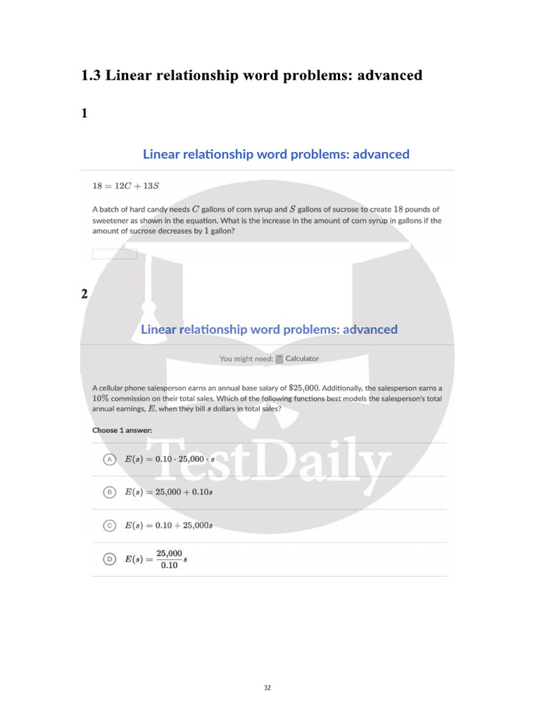 1.3 Linear Relationship Word Problems | PDF