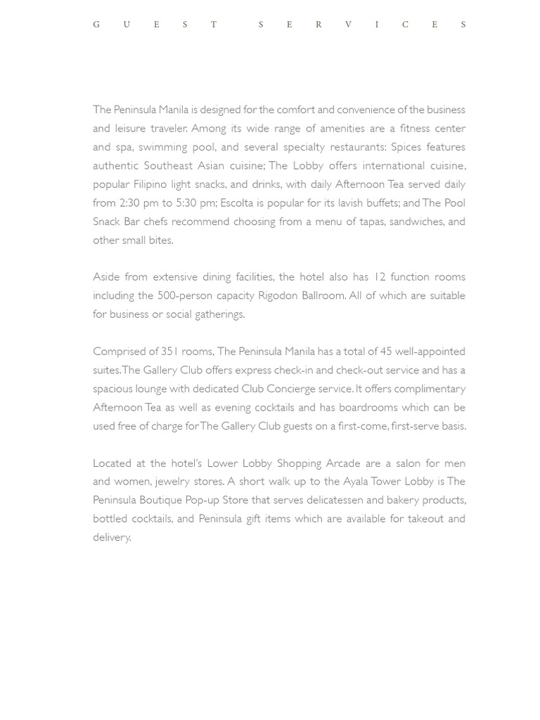 The Peninsula Manila: Luxury Amenities Guide | PDF | Restaurants | Drink