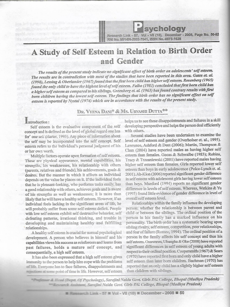 1A Study of Self Esteem in Relation To Birth Order and Gender | PDF