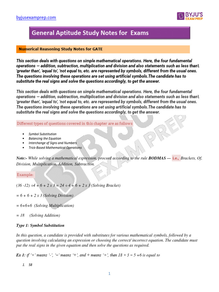 Numerical Reasoning Study Notes for GATE | PDF | Equations | Multiplication
