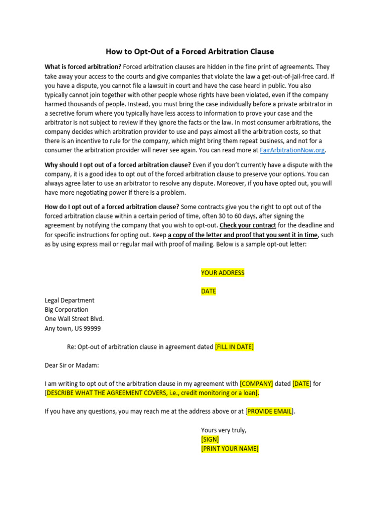 Opt Out of Arbitration Form PDF Arbitration Arbitration Clause
