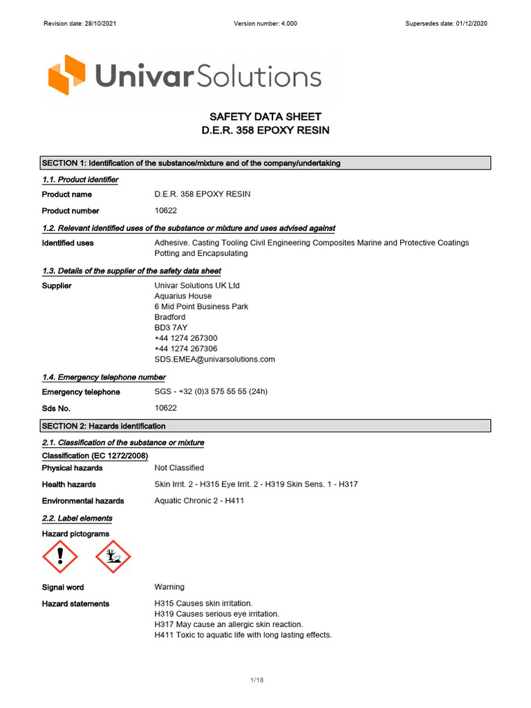 D.E.R. 358 Epoxy Resin SDS PDF Toxicity Dangerous Goods