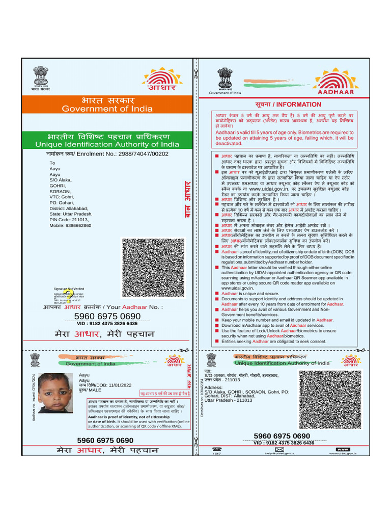 Aadhar Card Details for Aayu | PDF | Privacy | Crime Prevention