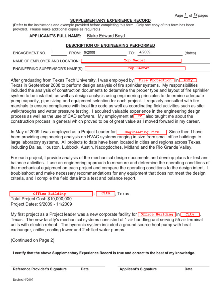 Engineering Experience Record Template | PDF | Duct (Flow) | Engineering