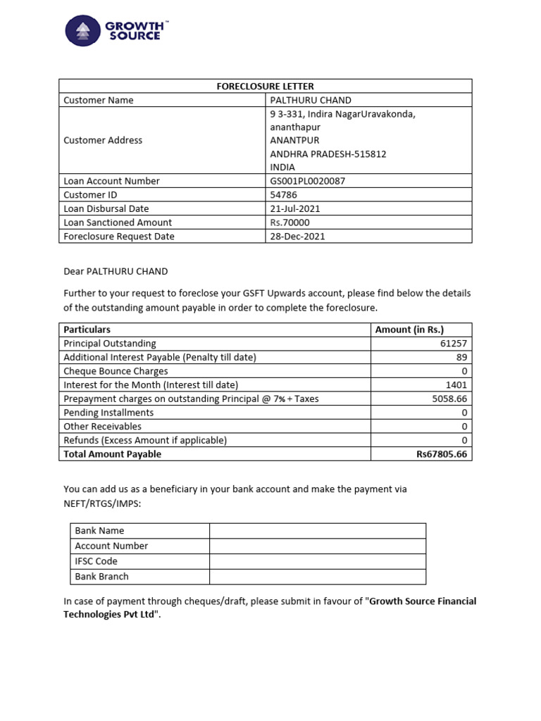 GS001PL0020087 Foreclosure Letter | PDF | Cheque | Payments