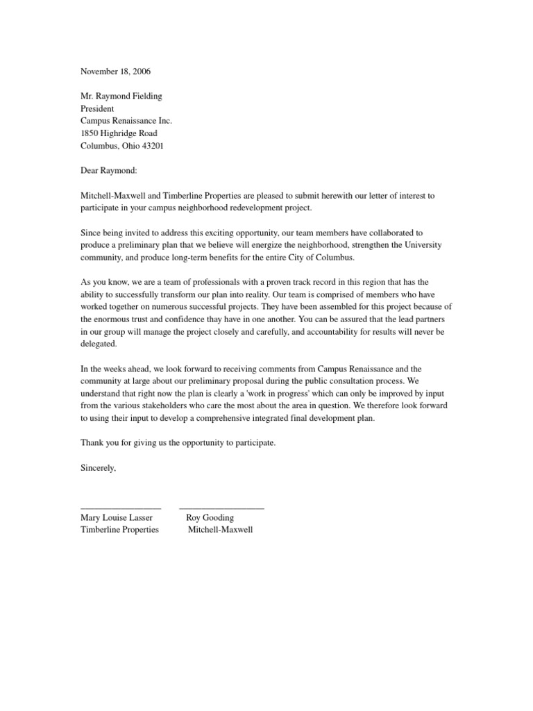 Letter Of Interest To Participate In A Project Pdf Business
