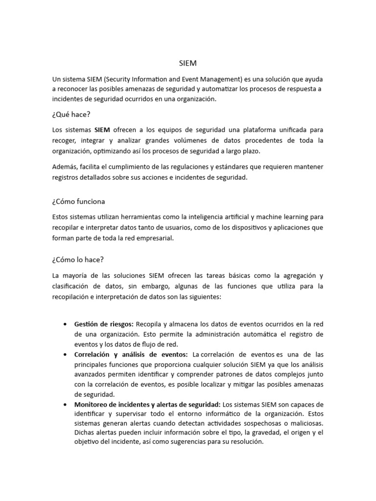 Funcionamiento y beneficios del SIEM | PDF | Inteligencia artificial ...