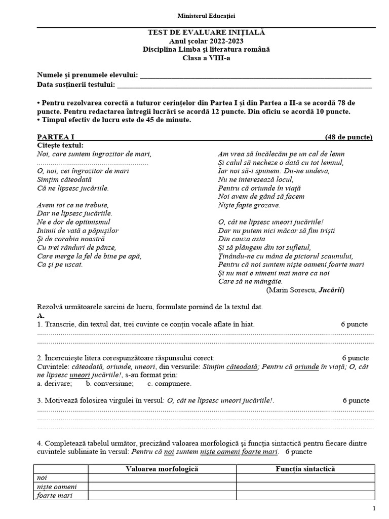Test Initial Clasa A 8-A | PDF