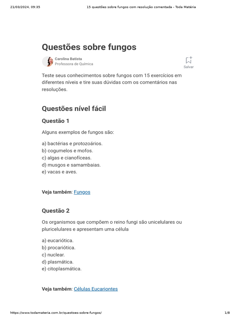 15 Questões sobre Fungos com Resolução | PDF | Fungo | Fermento