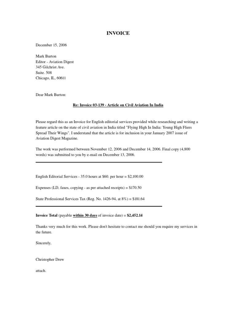 cover letter of invoice