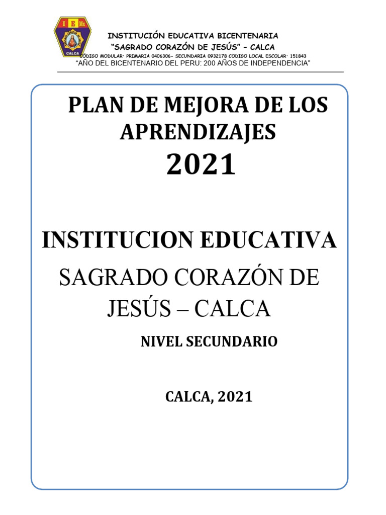Plan de Mejora Educativa Calca 2021 | PDF | Enseñando | Educación primaria