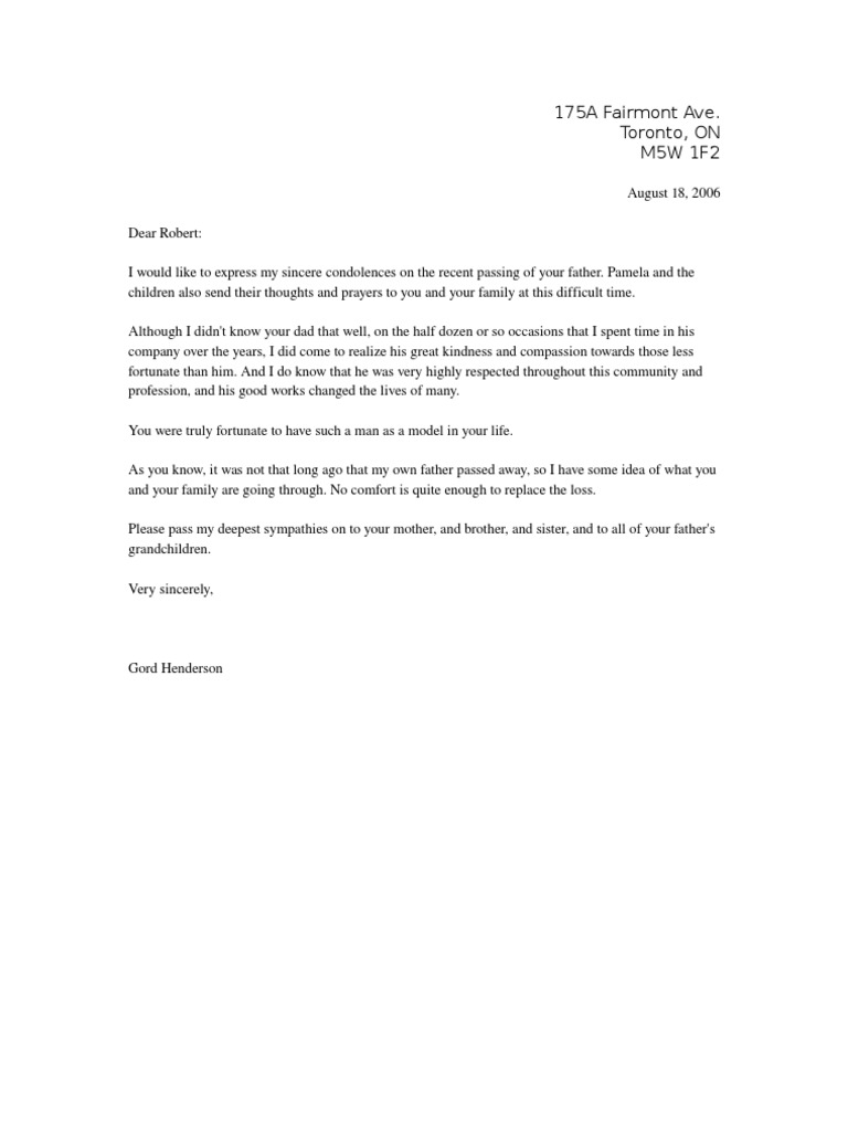 Condolence Letter To An Acquaintance or Colleague PDF