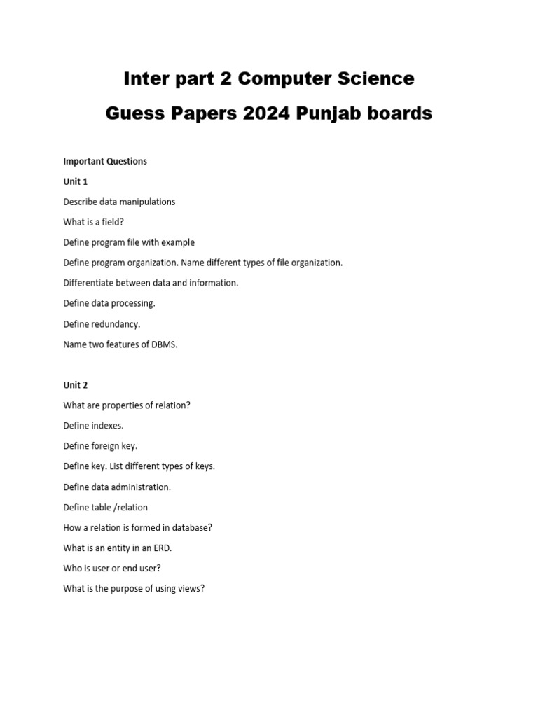 Class 12 Computer Science Guess Paper 2024 PDF Databases Control Flow