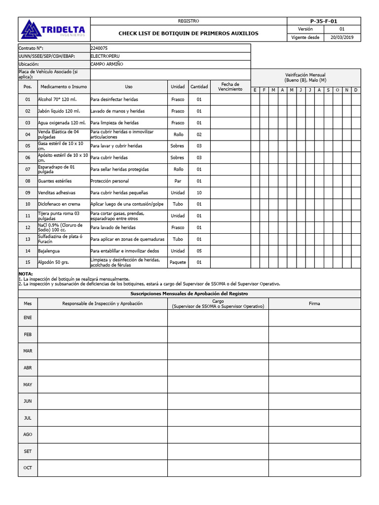 P-35-F-01 Check List de Botiquín de Primeros Auxilios v1 | PDF