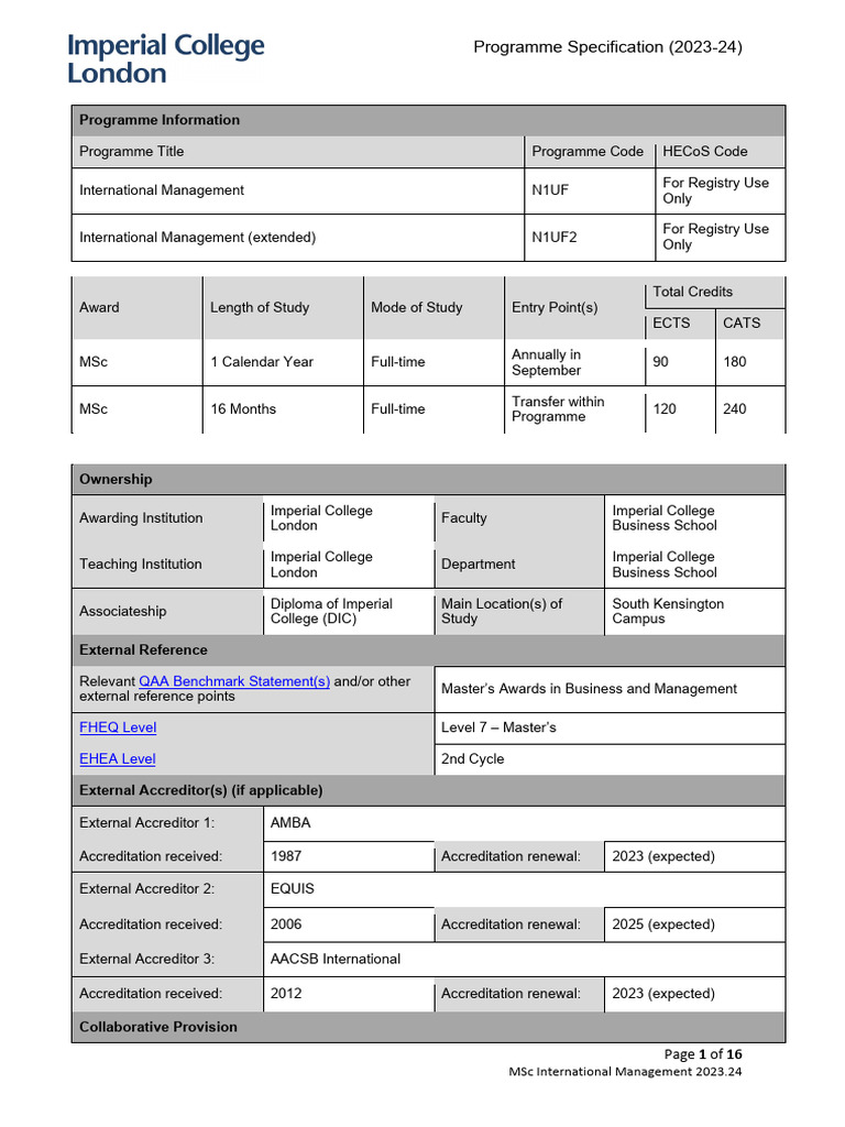 MSc International Management Overview 2023-24 | PDF | Educational ...