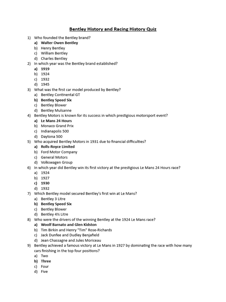 SAE Bentley History and Racing History Quiz PDF Motor Vehicle
