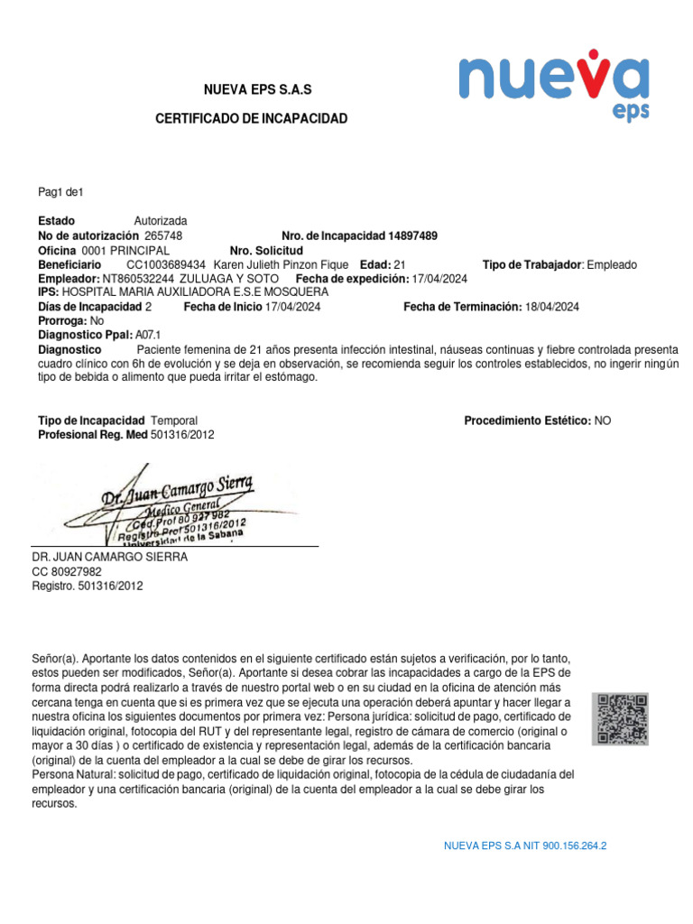 Certificado de Incapacidad Nueva EPS 2024 | PDF | Derecho