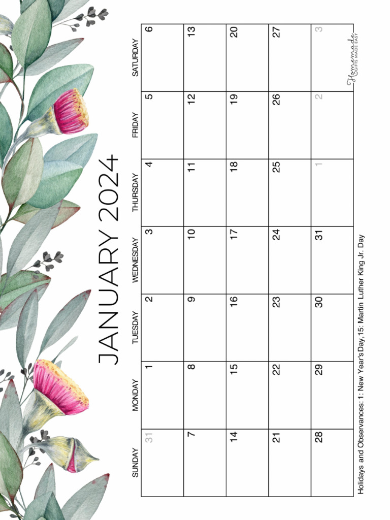 January Calendar 2024 Printable Eucalyptus | PDF