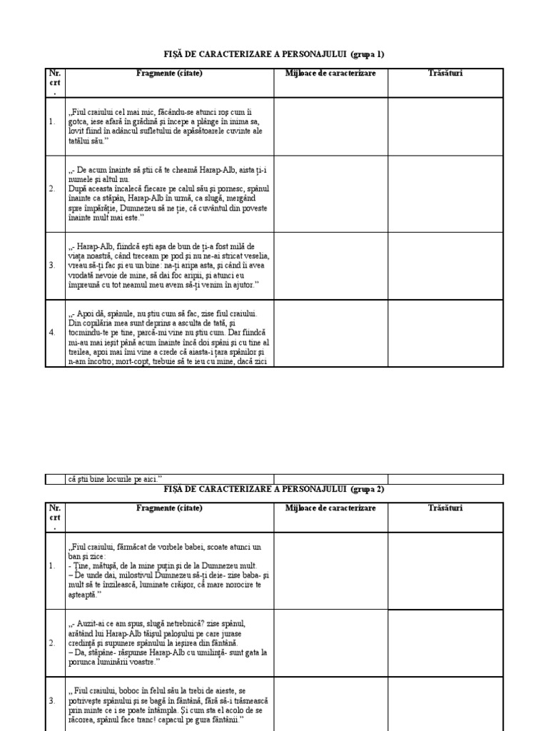 Ion Creanga Harap Alb Fisa de Caracterizare