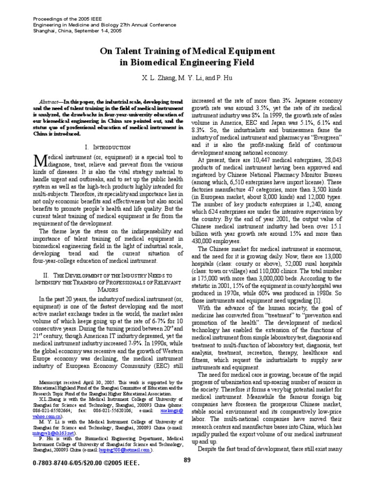 On Talent Training of Medical Equipment in Biomedical Engineering Field PDF Biomedical