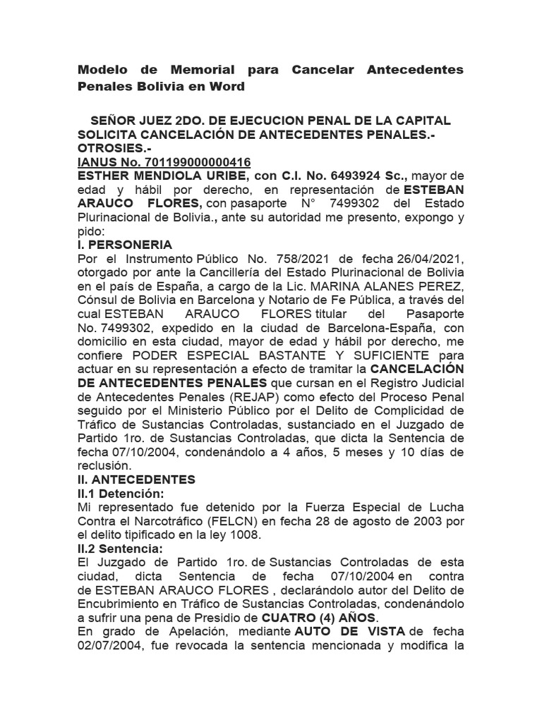 Modelo de Memorial para Cancelar Antecedentes Penales Bolivia en Word