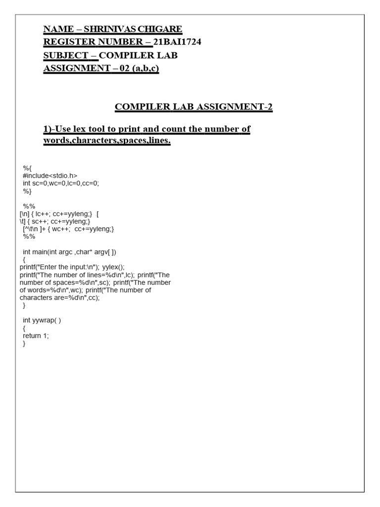 Lex Tool Compiler Lab Assignment | PDF
