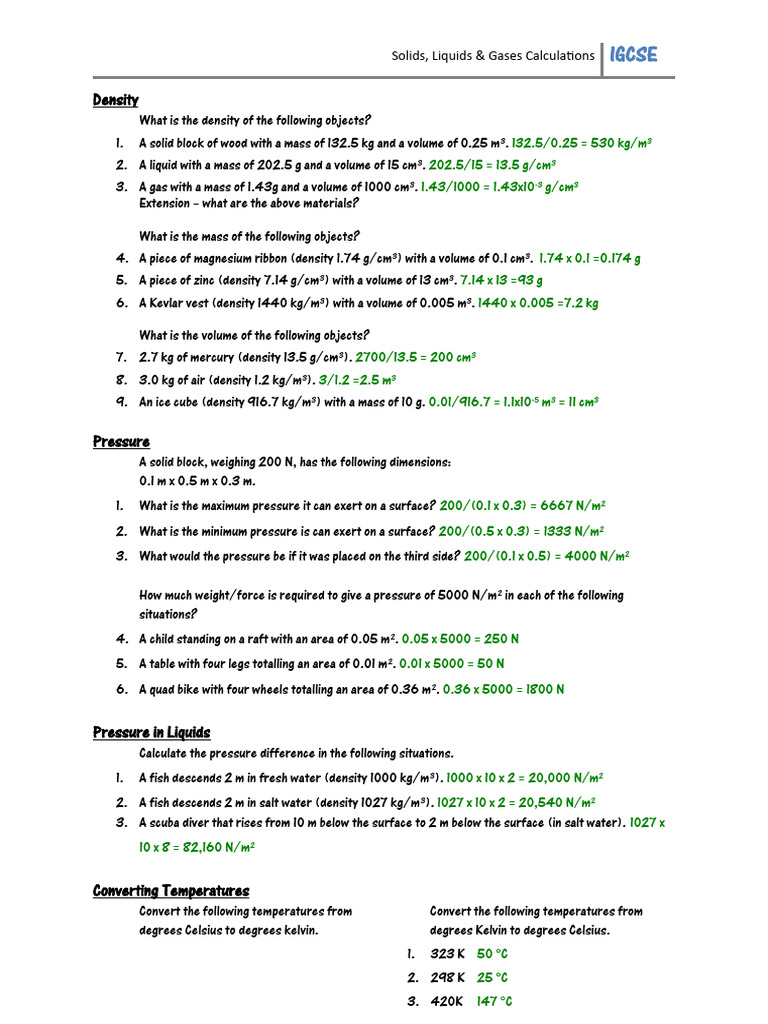 Density and Pressure Calculations IGCSE | PDF | Density | Pressure