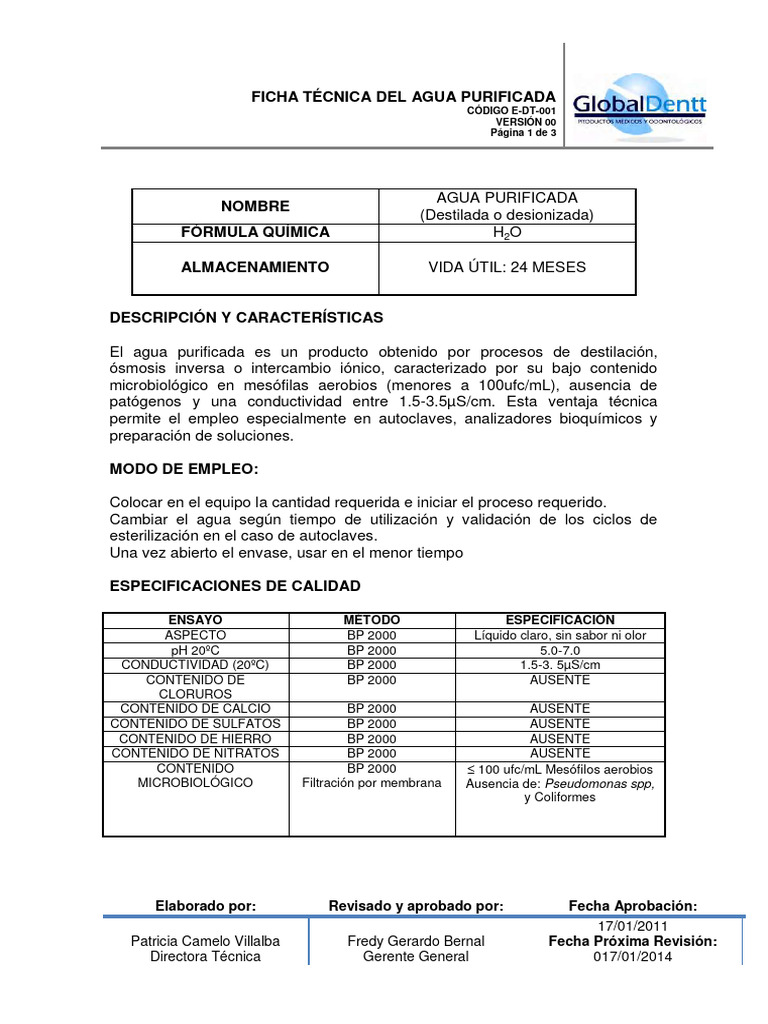 Ficha Técnica de Agua Purificada | PDF | Laboratorios | Agua