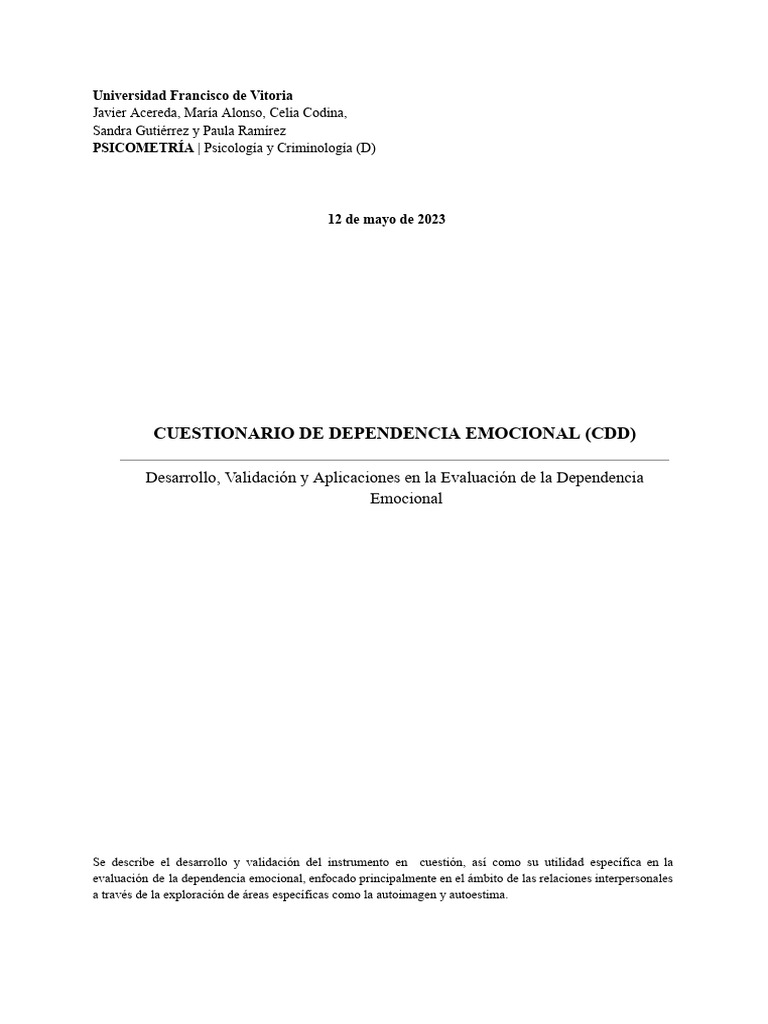 Cuestionario D. E (CDD) | PDF | Alfa de Cronbach | Terapia de conducta ...
