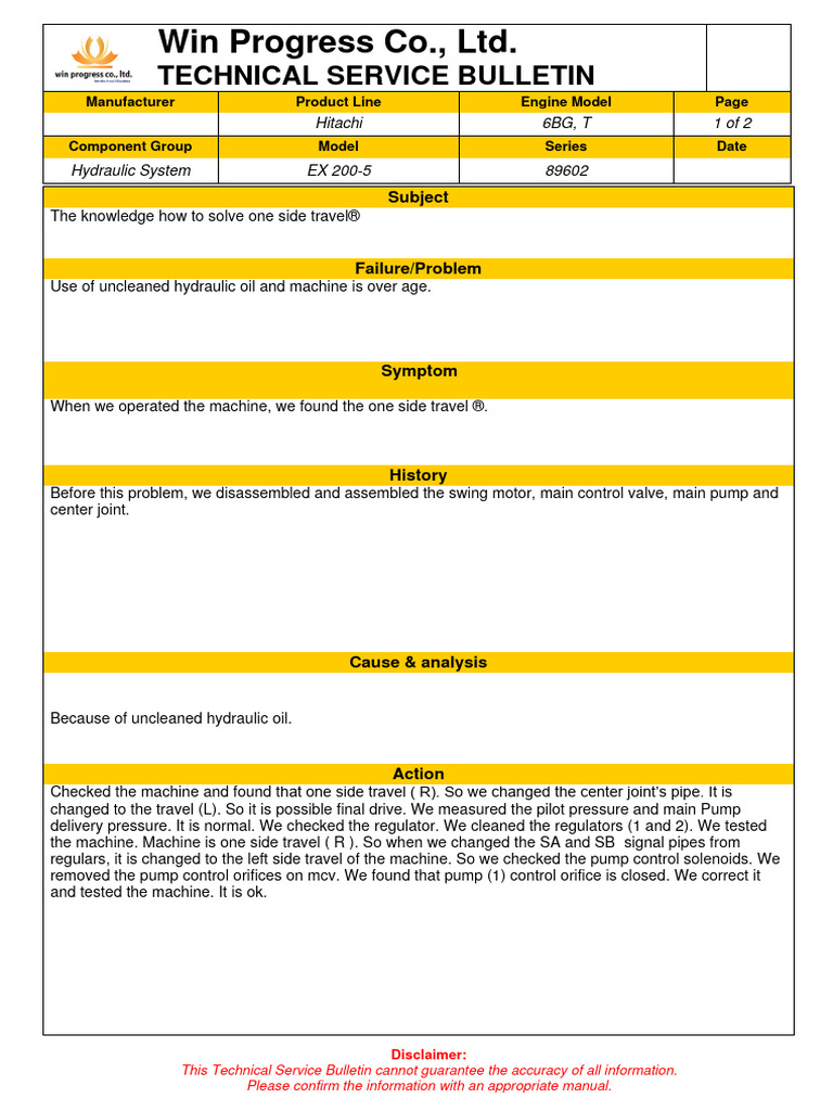 SDV-TSB-374 Hitachi One Side Travel | PDF | Pump | Mechanical Engineering