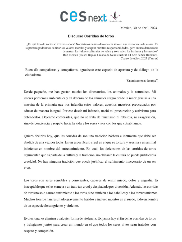 Discurso Corridas de Toros | PDF | Toreo | Violencia