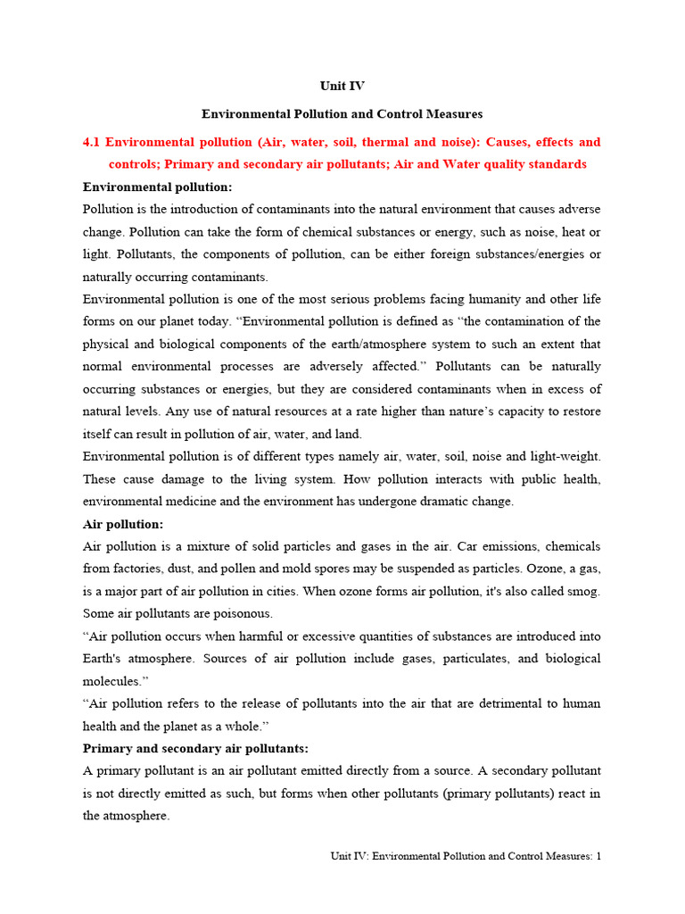 Unit IV Environmental Pollution and Control Measures | PDF | Water ...
