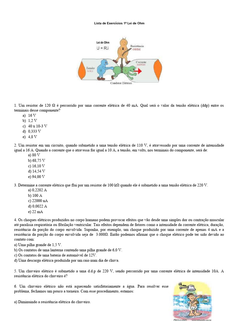 Exercícios sobre a 1ª Lei de Ohm | PDF | Lâmpada incandescente ...