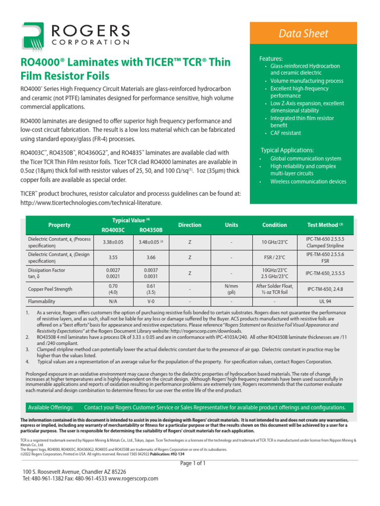 RO4000 Laminates With TICER TCR Thin Film Resistor Foils | PDF ...