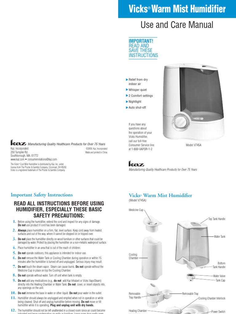 Vicks Humidifier V745a Manual PDF Hvac Ac Power Plugs And Sockets
