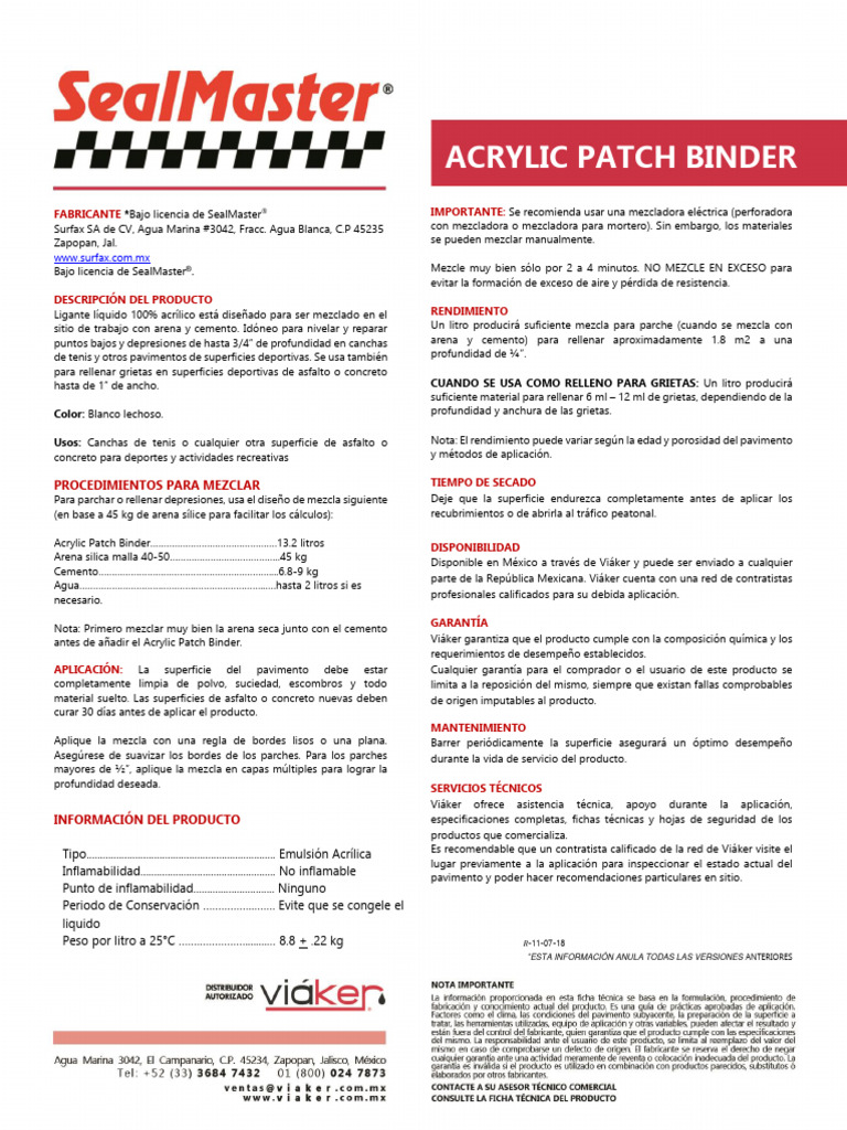 FT Sealmaster Acrylic Patch Binder 2019 PDF Hormigón