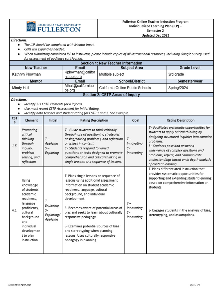 Fullerton Teacher Induction ILP Guide | PDF | Differentiated ...