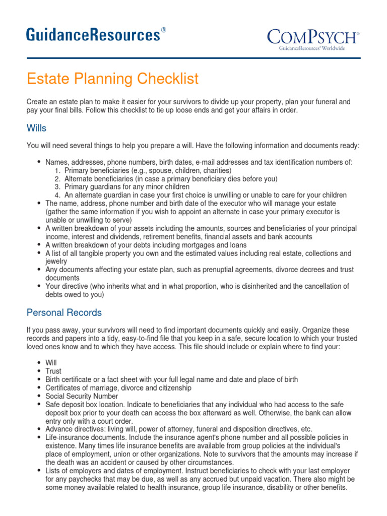 estate planning checklist | pdf | funeral | burial