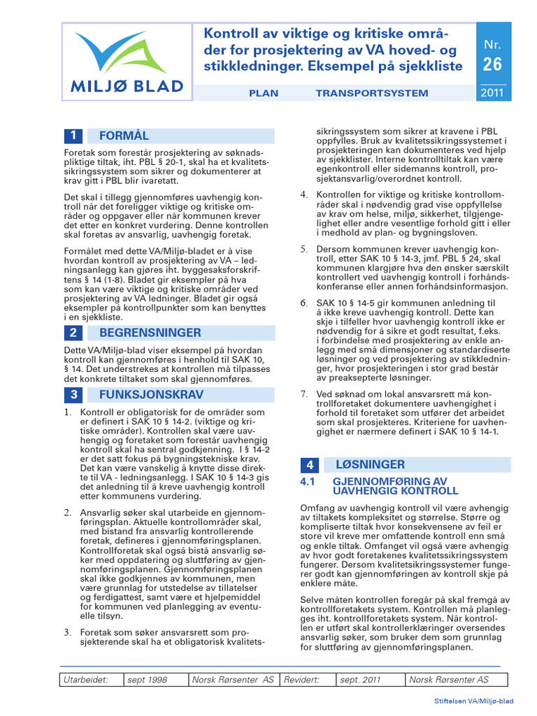 Blad 26 Kontroll Prosjektering VA 16.01.2012 | PDF
