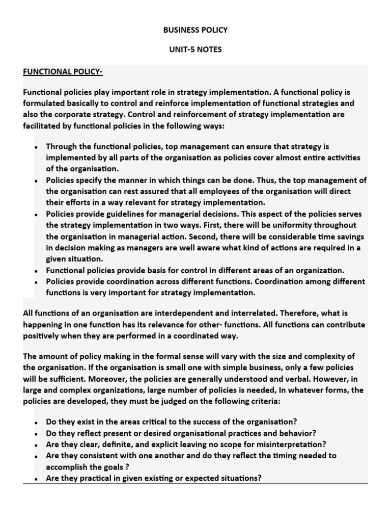 BUSS POLICY NOTES - UNIT 5, BBA 3rd SEM | PDF | Business | Policy