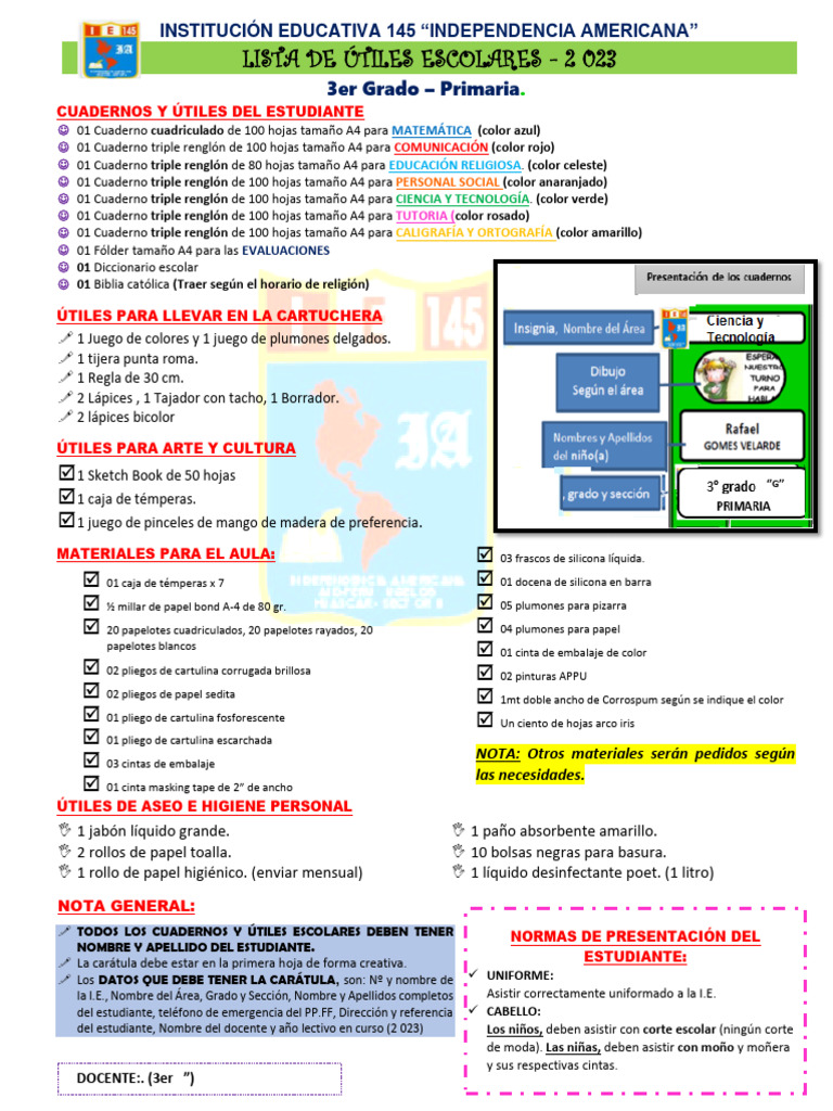 LISTA DE ÚTILES, 3er Grado 145 | PDF | Arco iris
