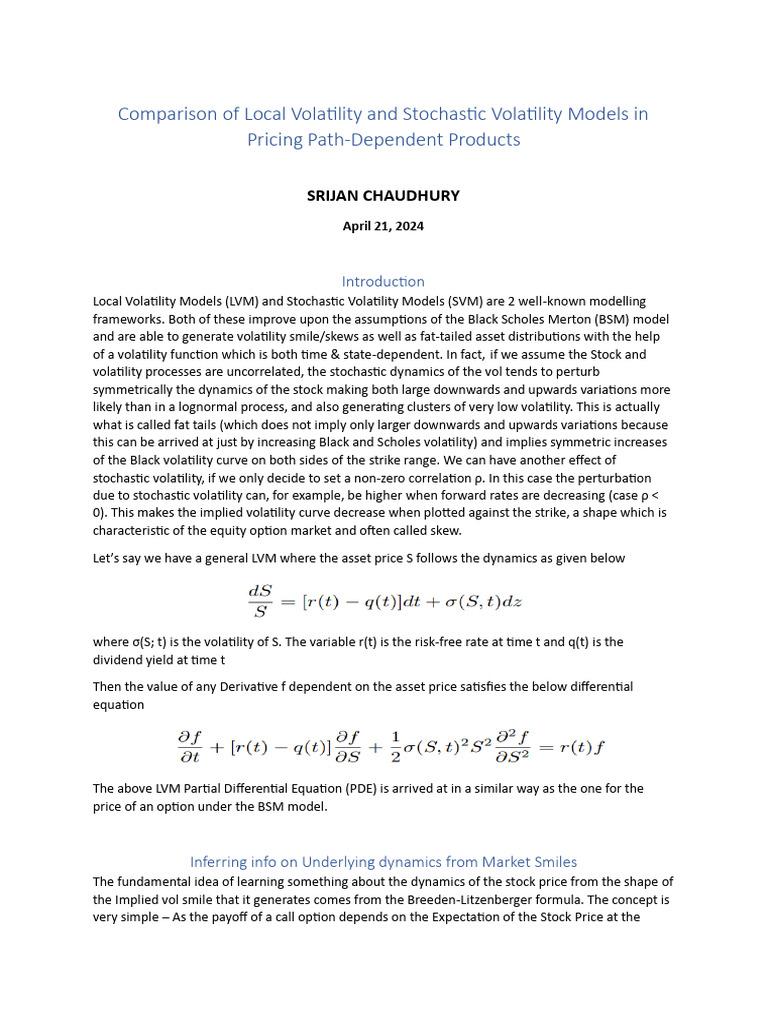 Local vs Stochastic Volatility Models | PDF | Volatility (Finance ...