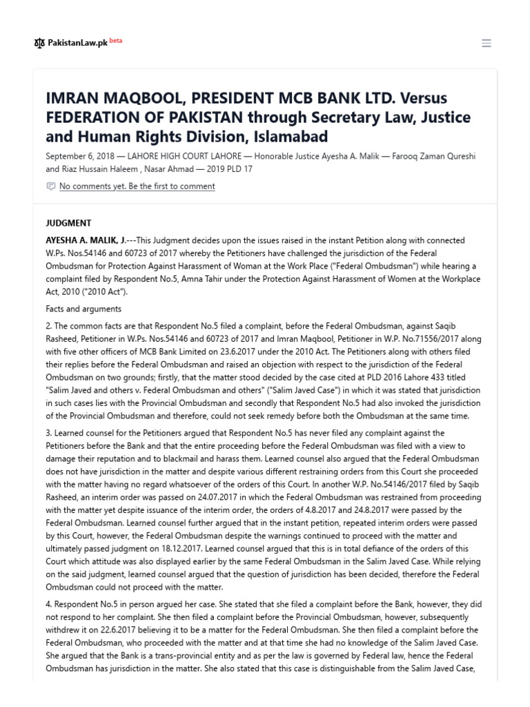 Imran Maqbool, President MCB Bank Ltd. Versus FEDERATION OF PAKISTAN ...