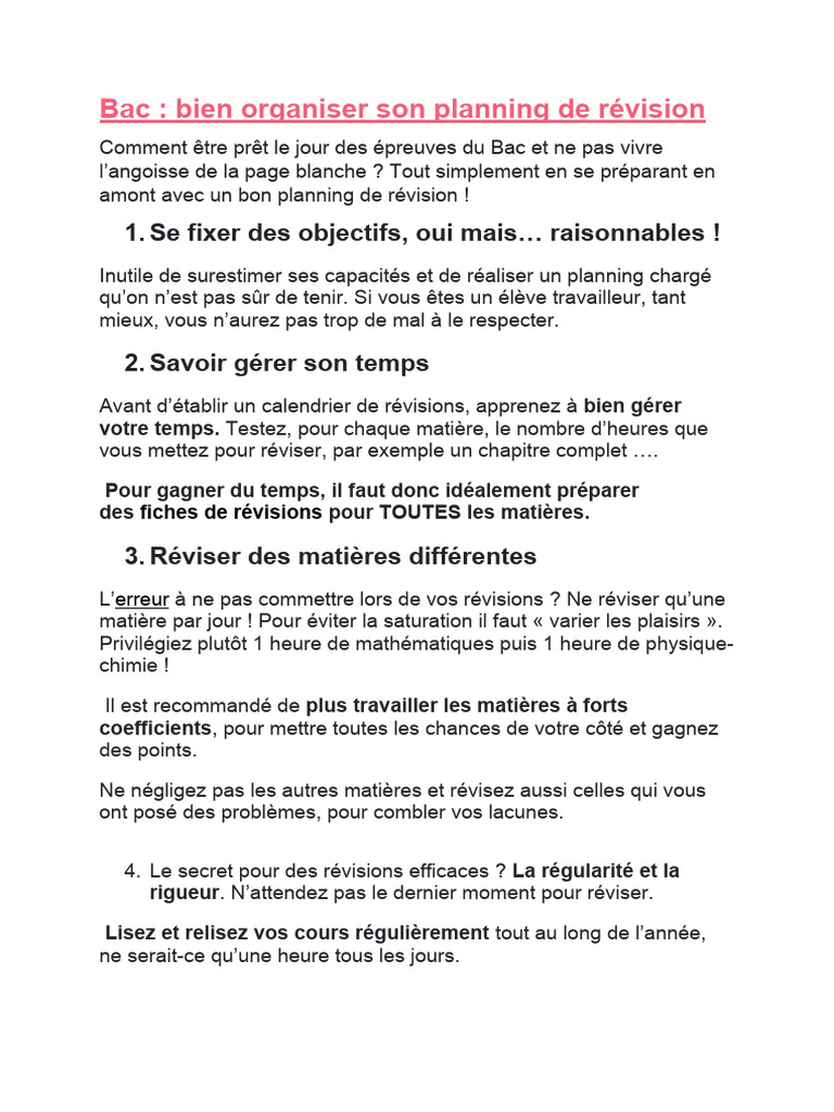 Planning efficace pour révisions Bac | PDF | Arts du langage et ...